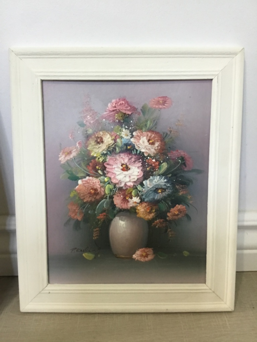 Original Signed Oil Painting on Wood Panel "P. Keeling” Vintage Floral Still Lif - Picture 2 of 6
